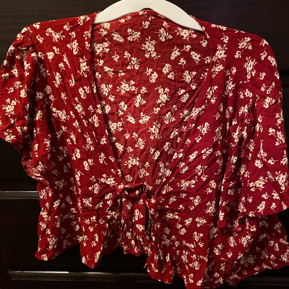 Red front tie blouse
